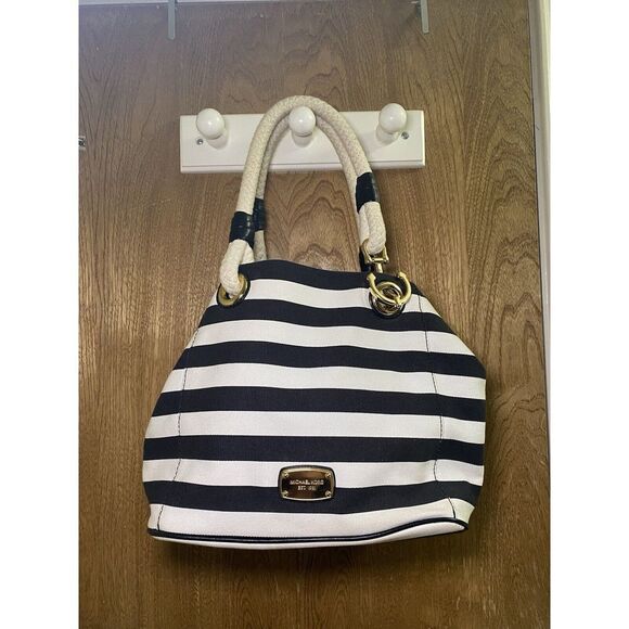 Michael Kors Marina Black White Striped Canvas Anchor Tote Shoulder Bag - Picture 2 of 16
